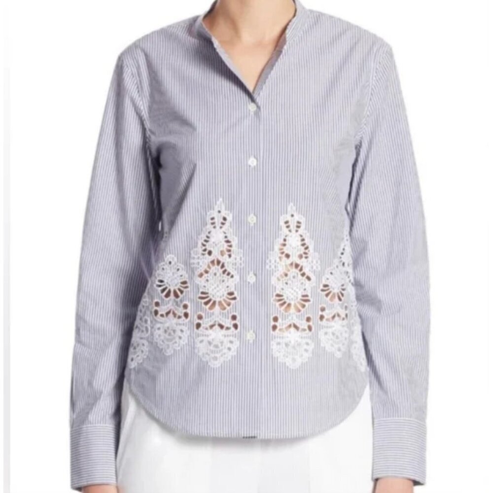 Theory Weyland Winston Stripe Cotton Embroidered Eyelet Shirt – Size Medium